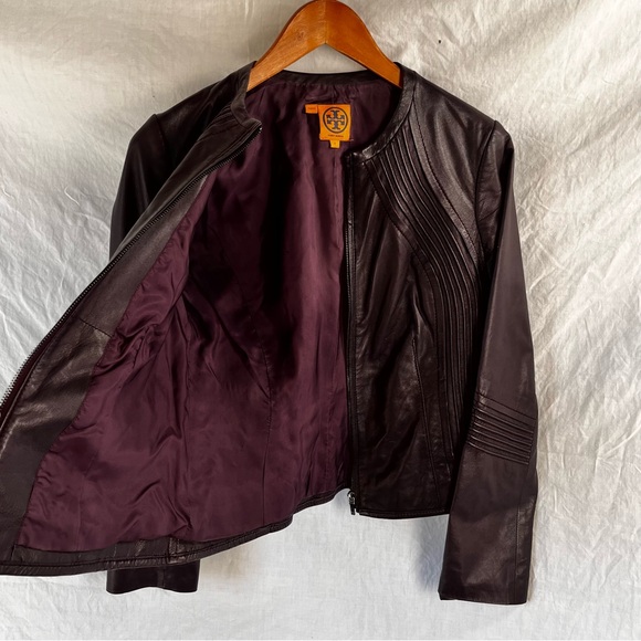 Tory Burch Leather Jacket Women Size 6 Oxblood Burgundy Zip Cropped Moto Coat - Picture 8 of 16